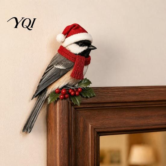 Christmas Door Corner Decoration Wooden Bird Topper, Cute Statue, Woodland Animal Frame Festive Home Wall Decor Art Sign for Winter Holiday