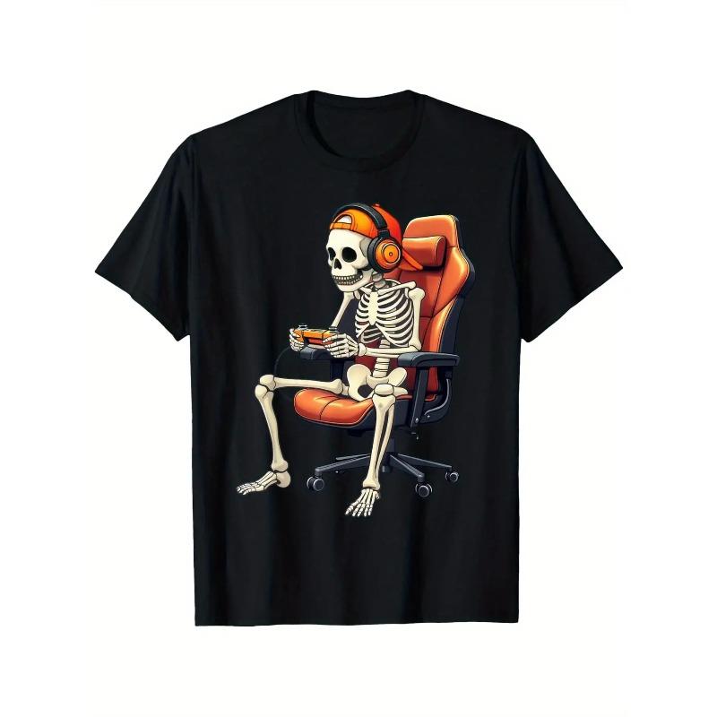 

European sizes Vintage Gaming Skeleton Graphic T-Shirt - Durable All-Season Comfort, Casual Crew Neck Short Sleeve Tee for Men 4XL чорний