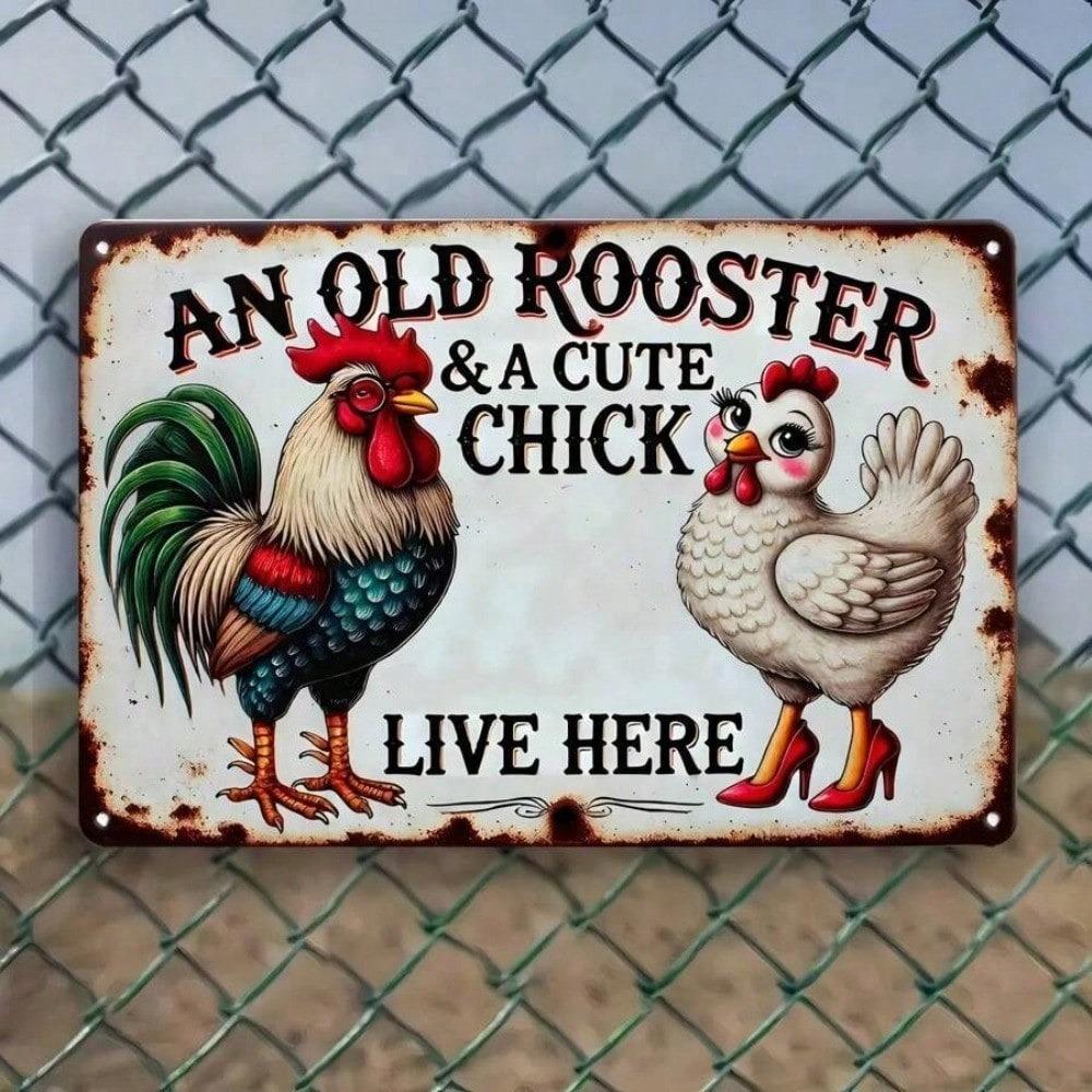 Vintage Rooster Chicken Metal Sign Farmhouse Wall Decor 8x12 Inch