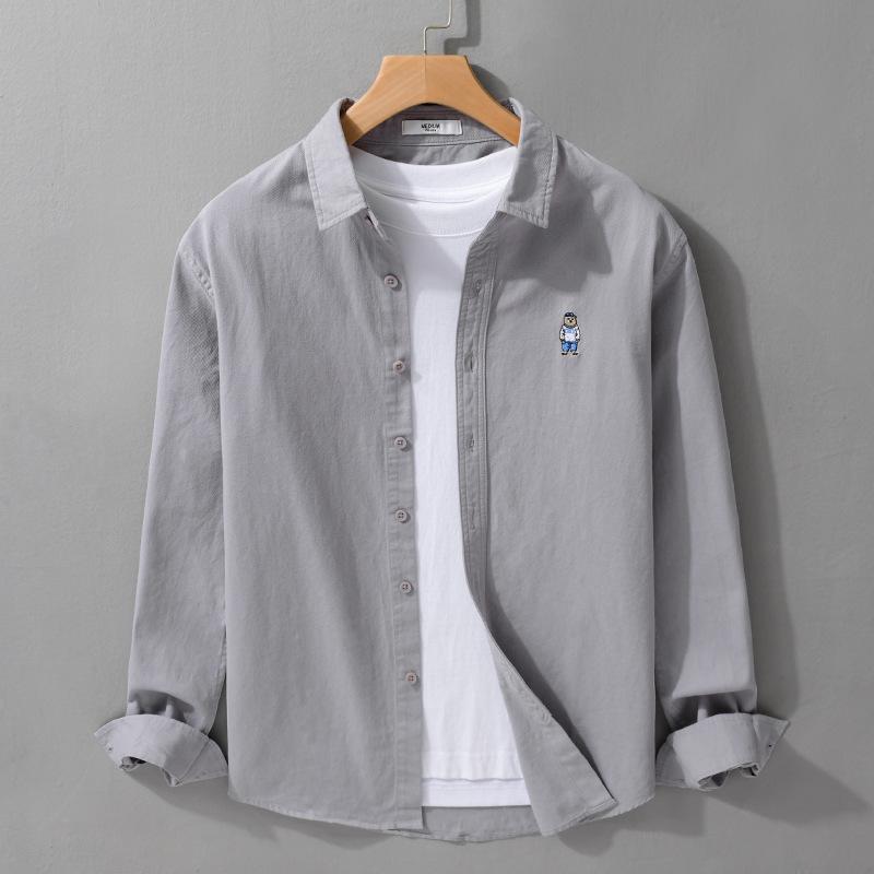 

Мужская повседневная рубашка из хлопка с длинным рукавом на весну и осень, простая, с вышивкой медведя, трендовая свободная рубашка для мужчин 3XL светло-серый