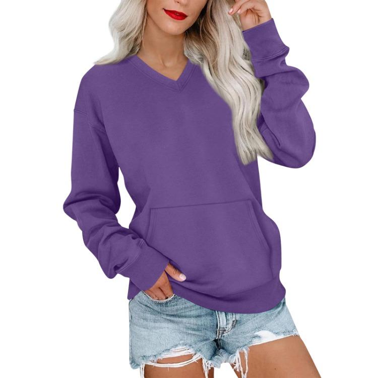 Lightweight Warm Women Casual Sweatshirt Long Sleeve V Neck Pullover With Pockets Fashion Color