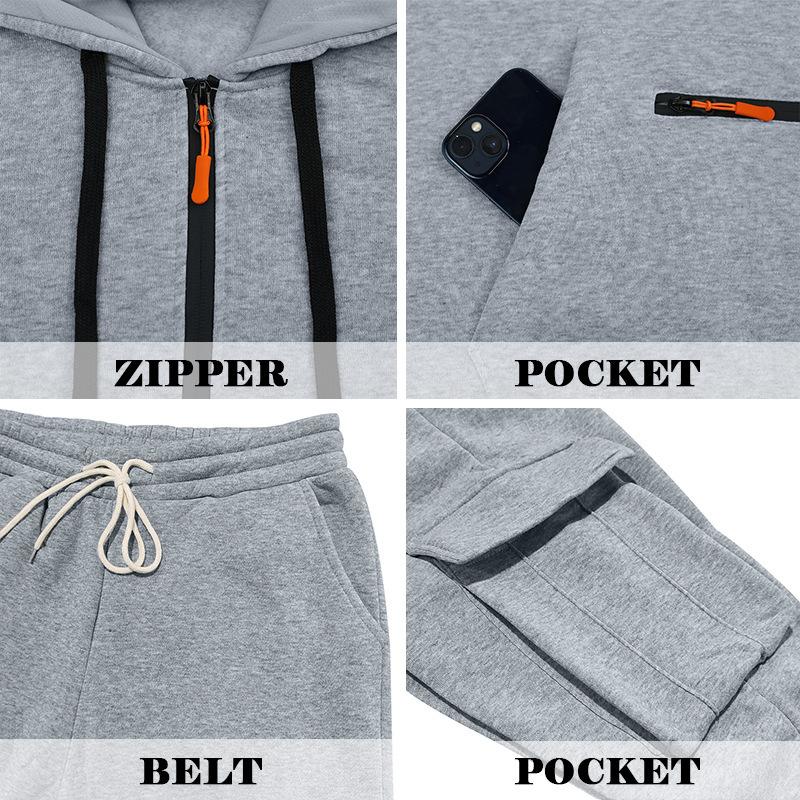 Mens Warm Thick Multiple Pockets Hooded Sweatshirt And Cuffed Sweatpants Two Piece Sports Set
