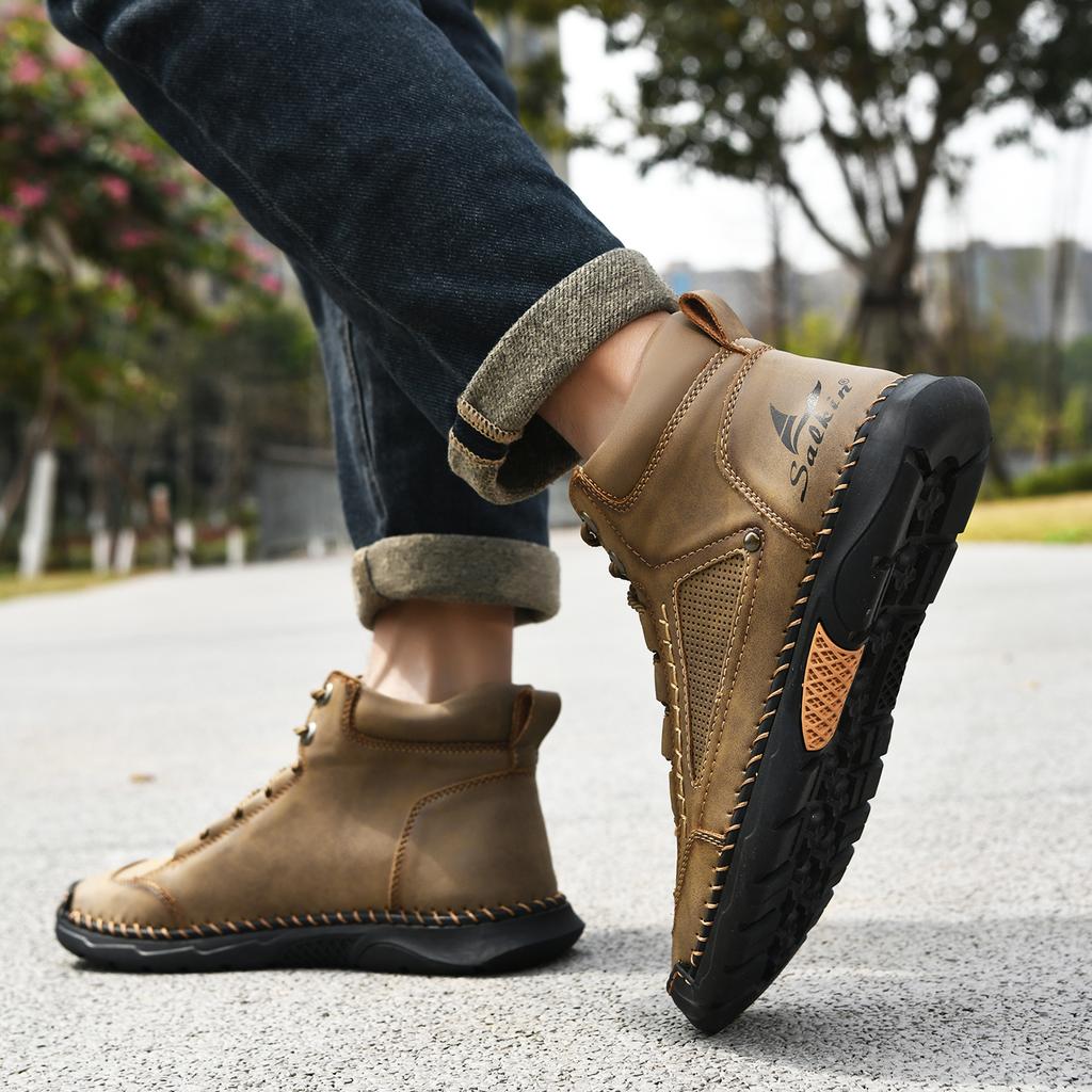New Hand-stitching Casual Leather Shoes Men Boots Outdoor Autumn Retro Breathable Casual Shoes Lace Up Khaki Ankle Boots Winter