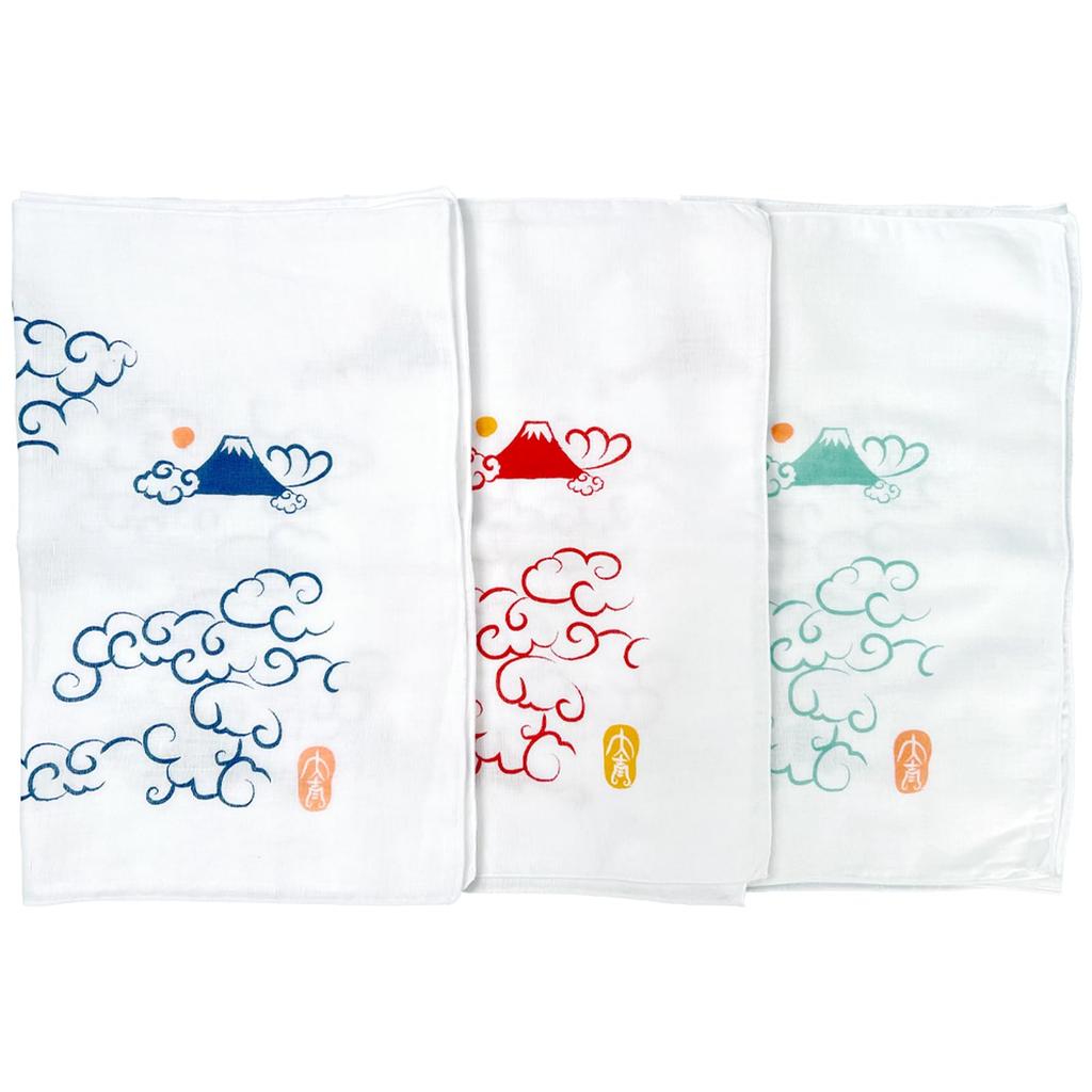 Cluster Tenugui Washed Gauze with Finish of Sea of Clouds and Fuji Pattern each in and Navy Japanese-made (Tenugui) Double-Layered Anti-Fray [Set 3