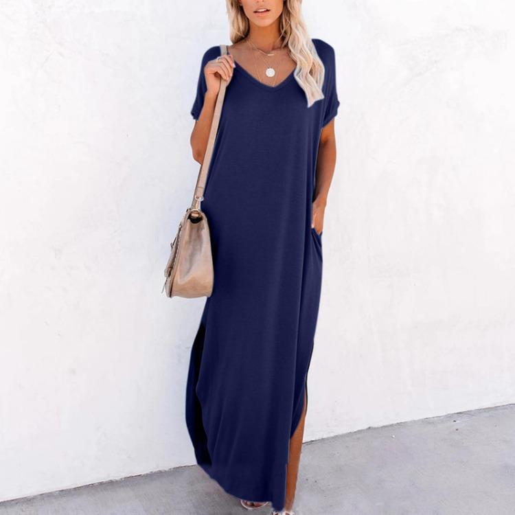 

Повседневное женское свободное платье-свинг, длинное, с V-образным вырезом, с короткими рукавами, однотонное, с боковым разрезом, летняя мода XXXXXL темно-синий