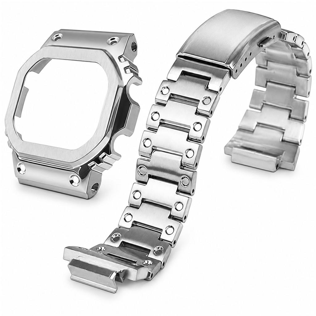 Replacement Case and Band Set for DW5600 GWM5610 Casio Watches, 316 Stainless Steel, Metal Bezel, Metal Band, Custom Modification Tools Included (Silv