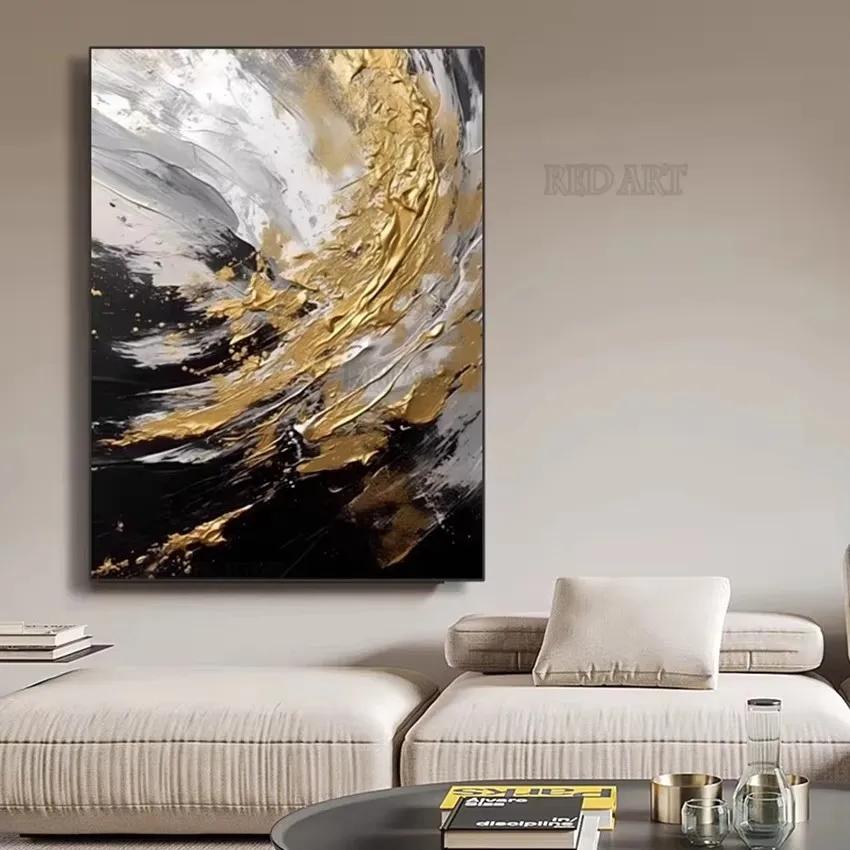 Large Size Contemporary Abstract Picture Golden Foil Canvas Paintings On Canvas Bedroom Framelessation Unframed