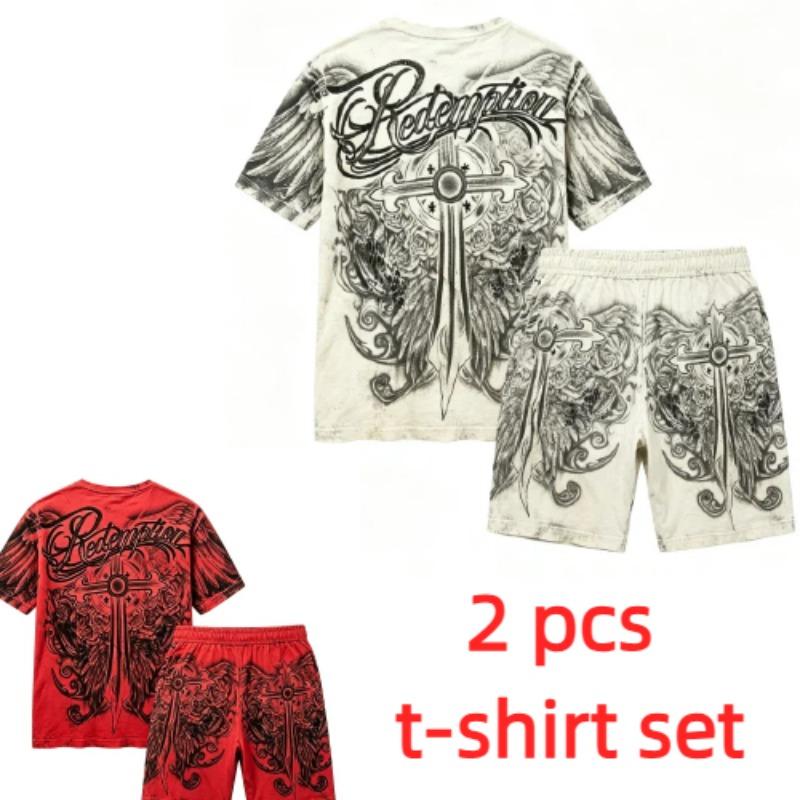 Sommer Gotischer Stil Kreuzschwert Aufdruck Rundhals Kurzarm T-Shirt und Shorts Set Herren und Damen T-Shirt Shorts Set