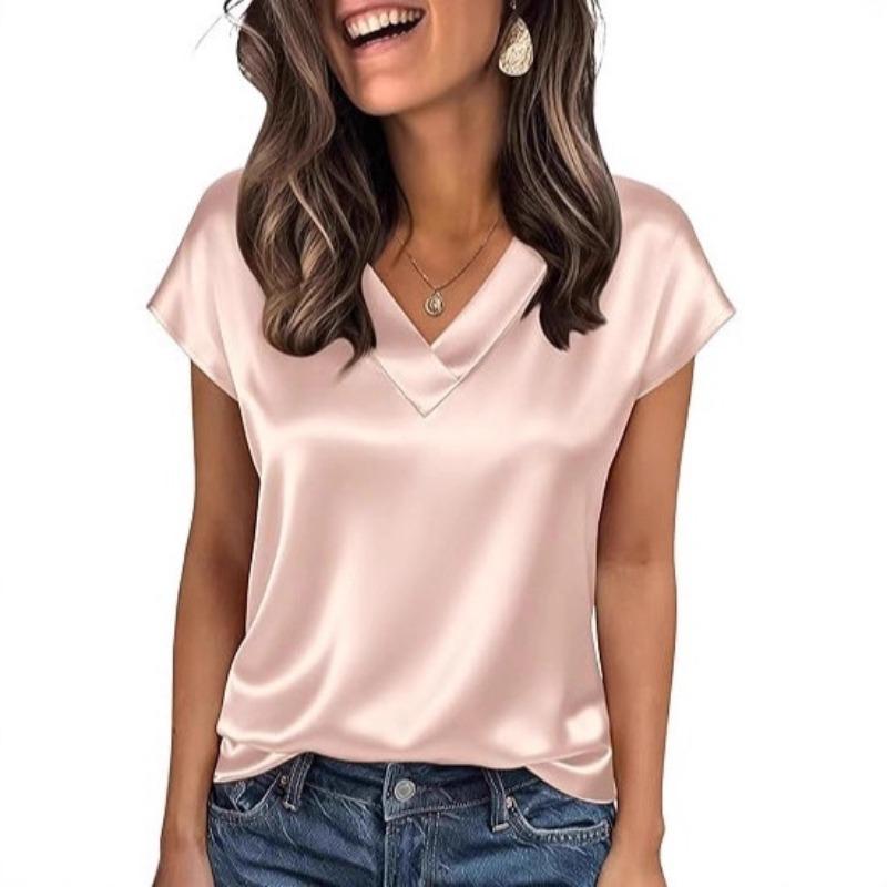 Damska koszulka Wiosna i Lato Jednolity Kolor Biznesowe Top V-neck Casual Luźne Damskie Koszulki Moda Prosty Elegancki Satynowy Biurowy Damski T-shirt