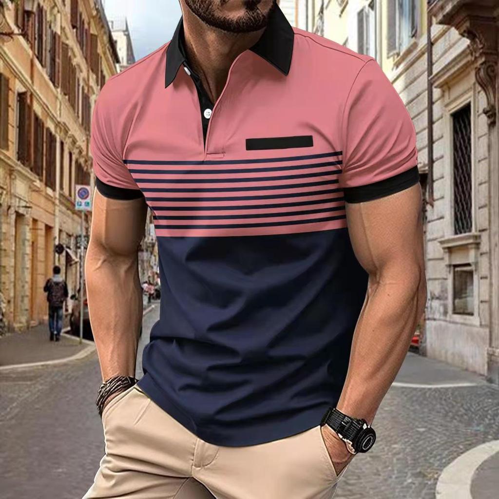 2024 Men's Striped Casual Polo Shirt with Button Lapel and Short Sleeves