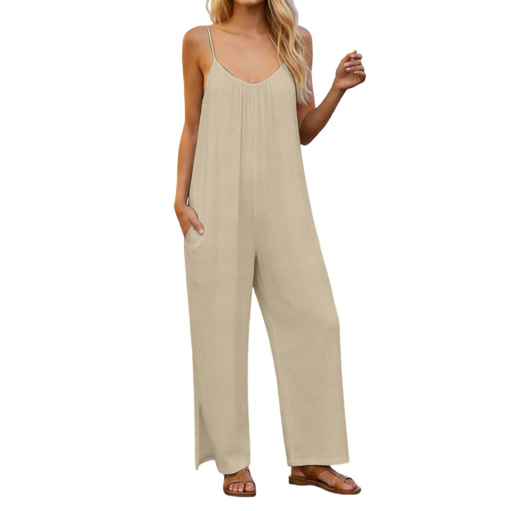 Women's  V-neck Waist Cinched Fashionable Jumpsuit Wide Leg Pants