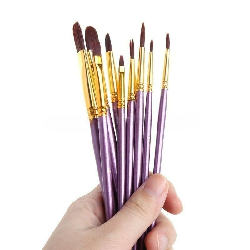 10Pcs Artist Paint Brush Set Nylon Hair Watercolor Acrylic Oil Painting Drawing