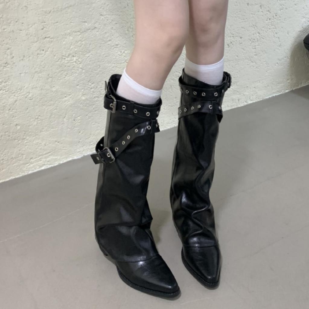 2025 new pointed wedge heel straight pants tube boots white belt buckle high boots but knee boots sweet cool western boots