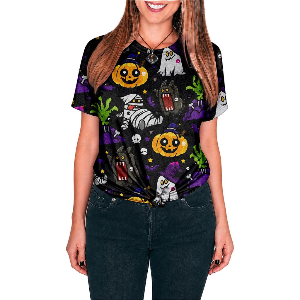 Halloween All Over Print T Shirt, Cute Pumpkin Graphic Tee for Women Men