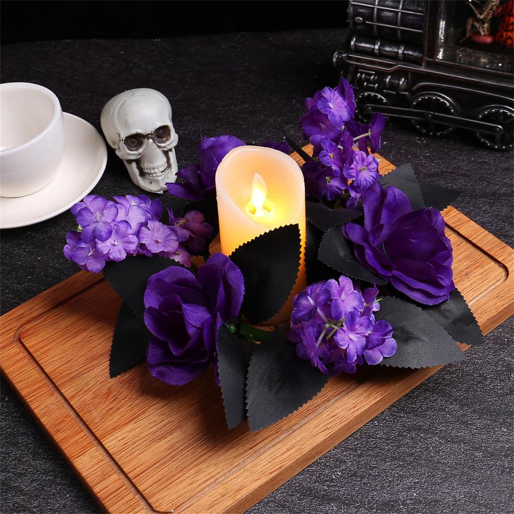 Halloween Purple Rose Candle Wreath, Decorative Artificial Flower Vine Ring, Desktop Decoration Atmosphere Decoration Props