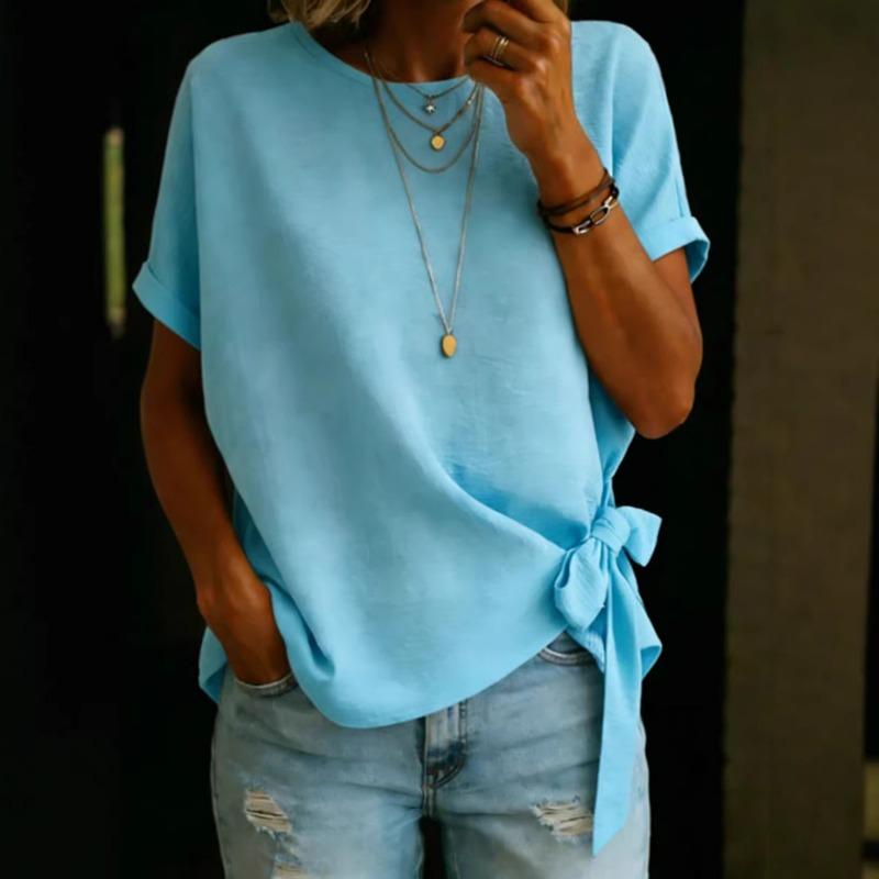 Women's new summer solid color short-sleeved hem knotted loose T-shirt top
