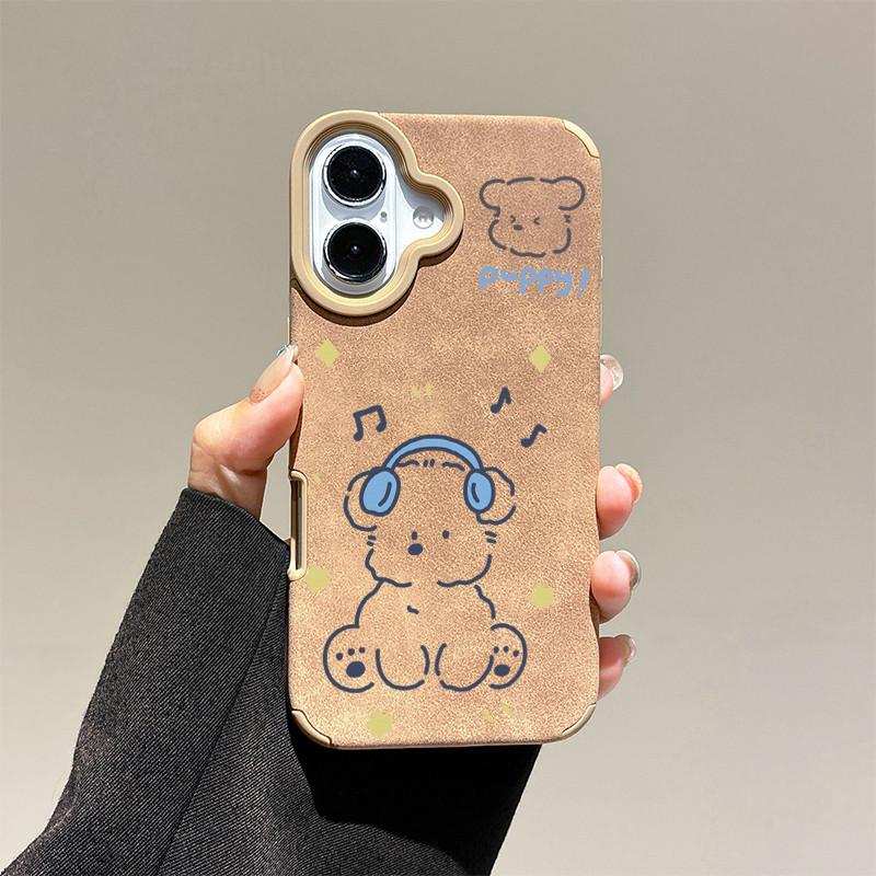 

Чехол из кожи с милым рисунком Music Puppy + ремешок на запястье, защитный чехол из мягкого силикона для iPhone iPhone 16 Pro Max золотой