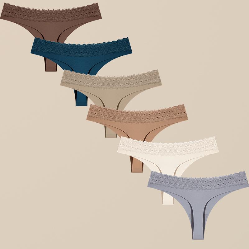 6Pcs Sexy Hollow Lace G-String Girl Underwear  Ladies Thongs Solid Seamless Soft Female Panties Low Waist Lingerie
