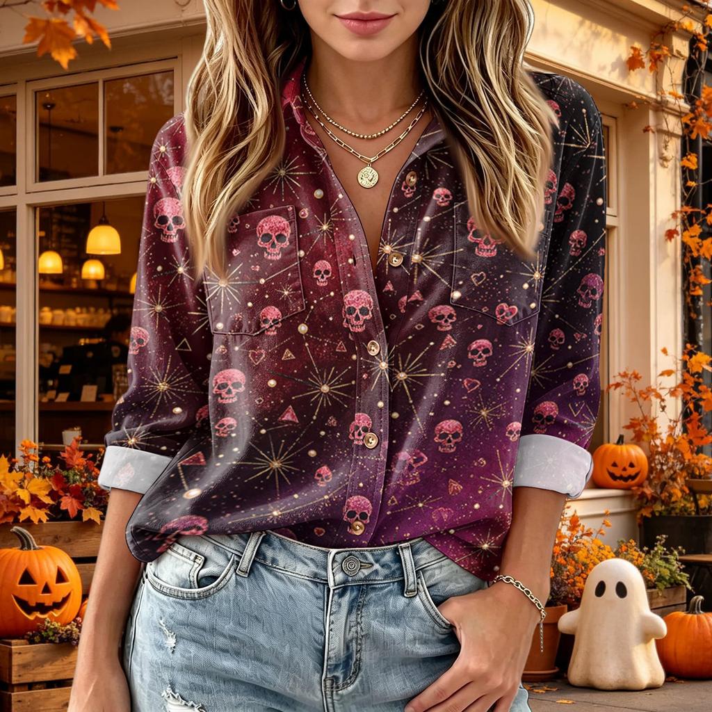 Women's Halloween Print Button Down Long Sleeve Casual Shirt with Two Pockets Top