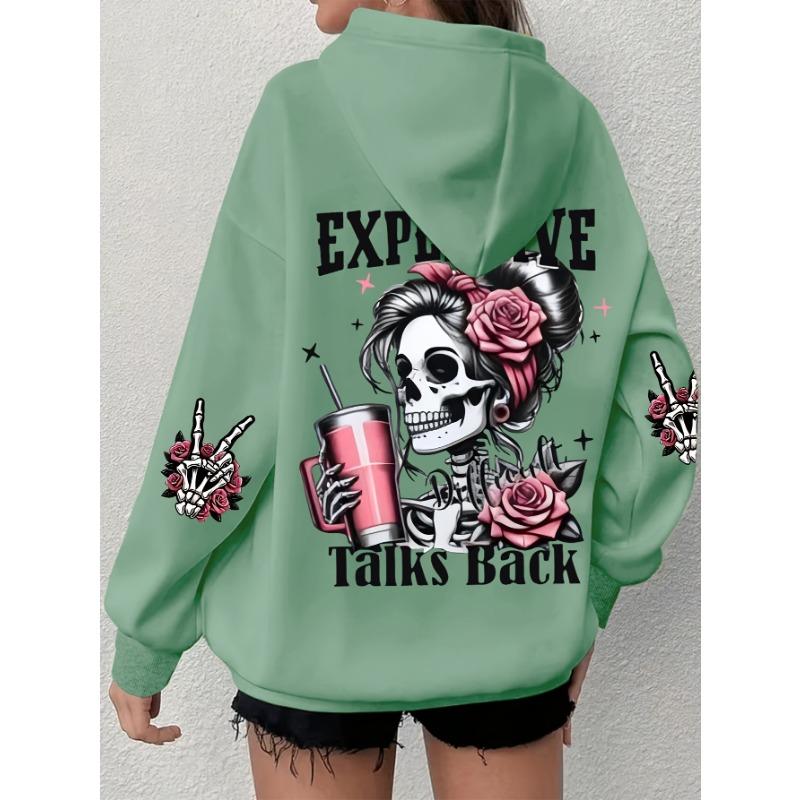 Popular Extended Hoodie with Long Sleeves Featuring a Skull And Letter Print, Casual Oversized Sweatshirt