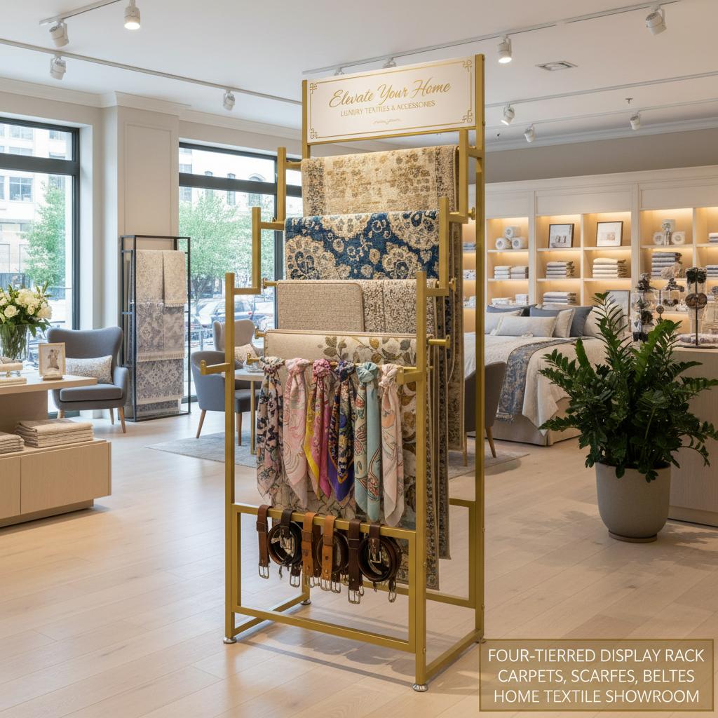 Carpet Display Rack Floor Standing, 4-Tier Golden Metal Rug Display Stand with Stepped Design, 100 lbs Capacity for Mats Scarves Belts Retail Store