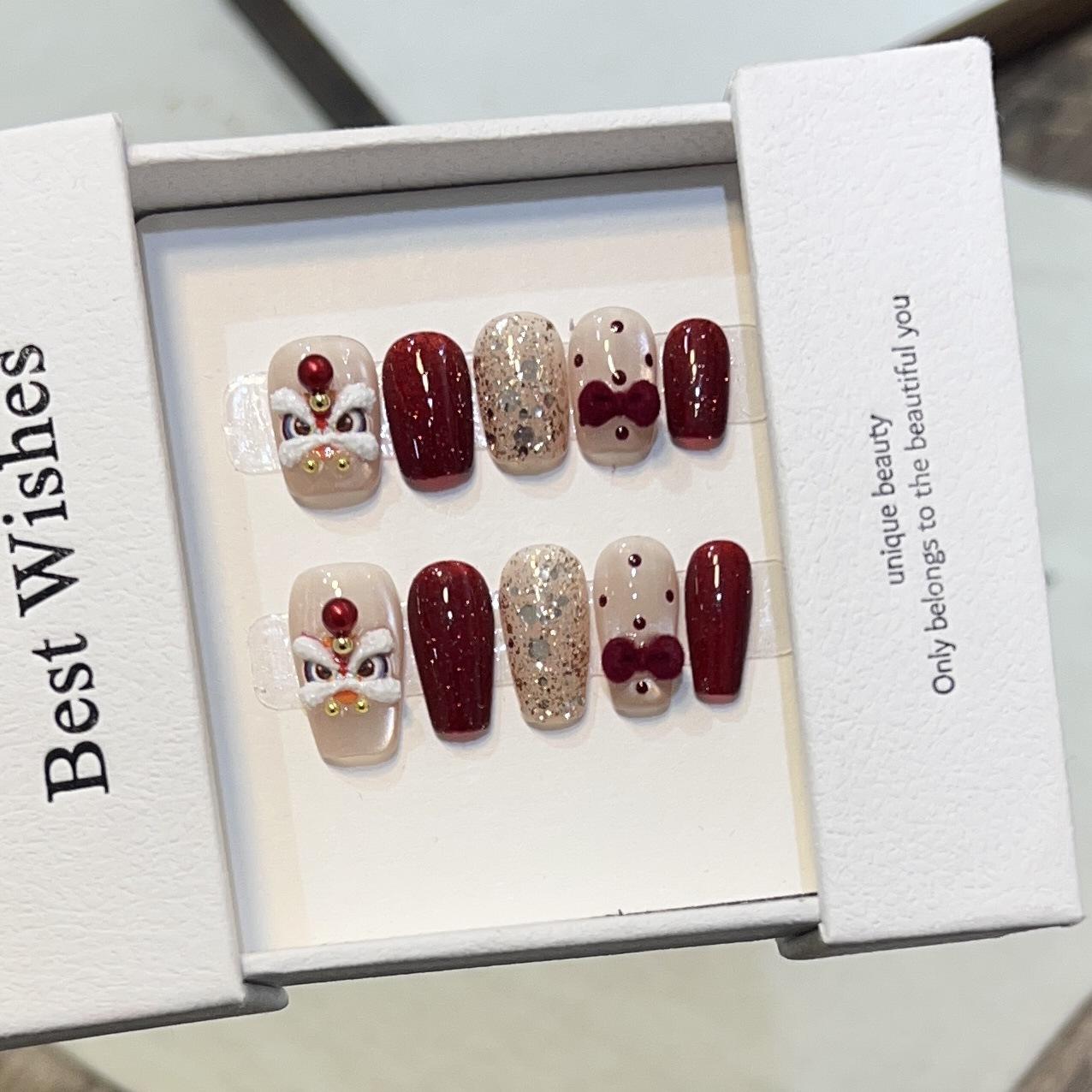 

Plush Bow Hongyun Head-drawn Lion Art Manicure Wear Short Nail Art Sticker Removable Reusable Nail Piece Large L