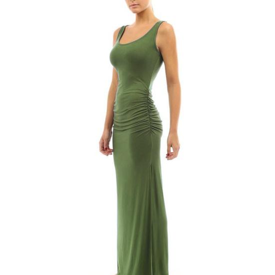 ¿Vestido largo de verano sin mangas con escote redondo y abertura lateral de color liso para mujer?Vestido Largo Fruncido
