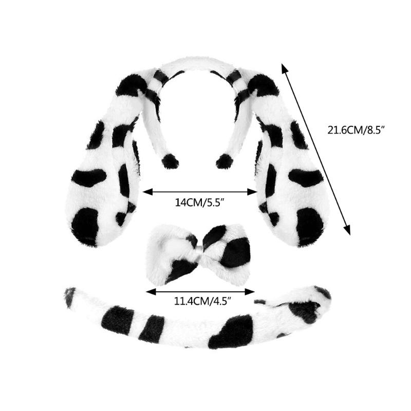 3pcs Cartoon Plush Spotted Dog Ear Shape Headband & Tail & Bowtie Costume Set for Easter Party Carnival Funny Dress
