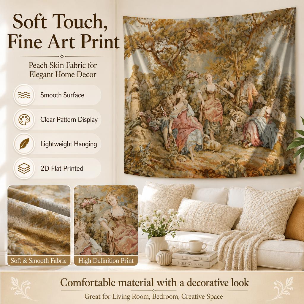 Vintage Renaissance Wandteppich 2D Flach Gedruckt Pfirsichhaut Wandbehang Pastoral Ölgemälde Kulisse Für Schlafzimmer Heimdekoration
