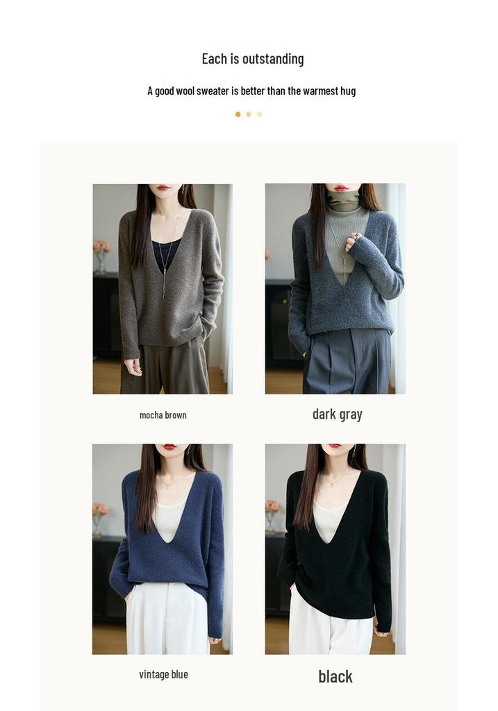 Women's V-Neck Wool Knit Slimming Sweater - Long Sleeve Base Layer