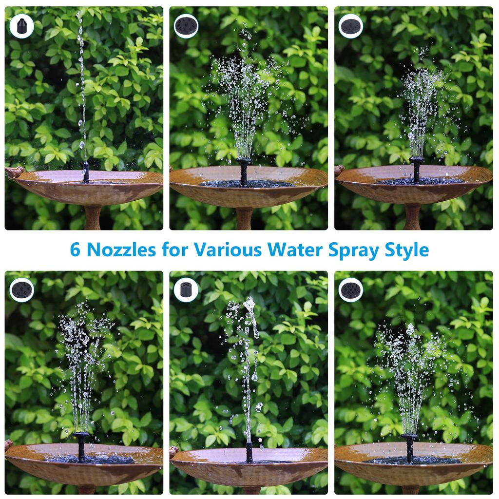 3.5W Solar Fountain Pump, Solar Water Pump Floating Fountain Built-in 1500mAh Battery, with 6 Nozzles, for Bird Bath