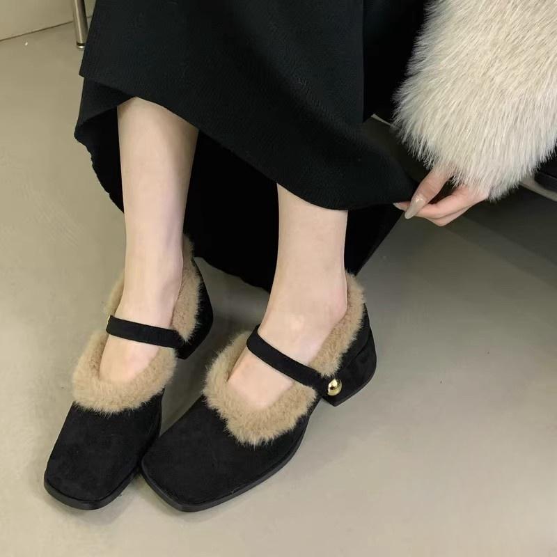 Fashion Women's Fashion Thick Heel Cotton Shoes Winter New Square Head Shallow Mouth Suede Leopard Non-slip Low-top Shoes