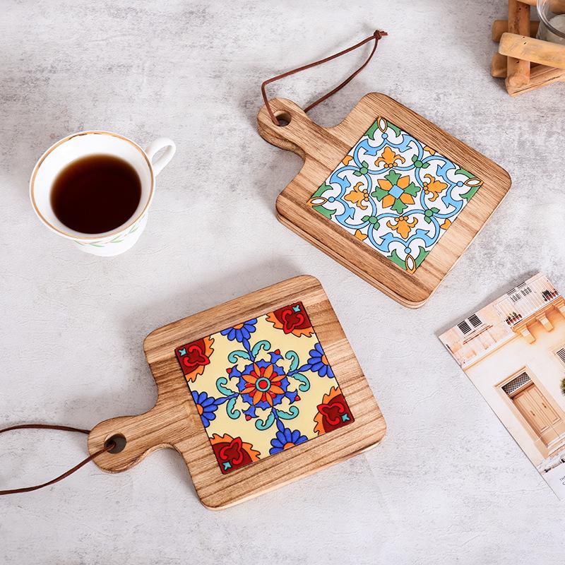 Vintage Insulation Mat Flower Brick Pot Mat Wooden Plate Coaster Solid Wood Dining Mat Soup Making Mat Sand Pot Wooden Mat