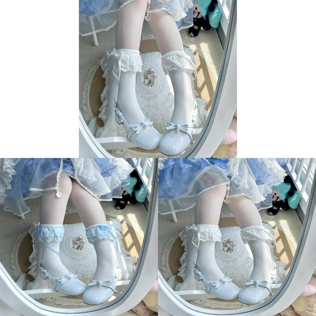 Chinese Style Lolita Cotton Kneehigh Socks With Lace And Bow For Women