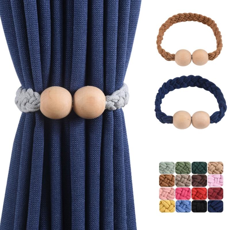 2Pack Wood Magnetic Curtain Tiebacks Simple Rope Curtain Holdbacks for Drapes Handmade