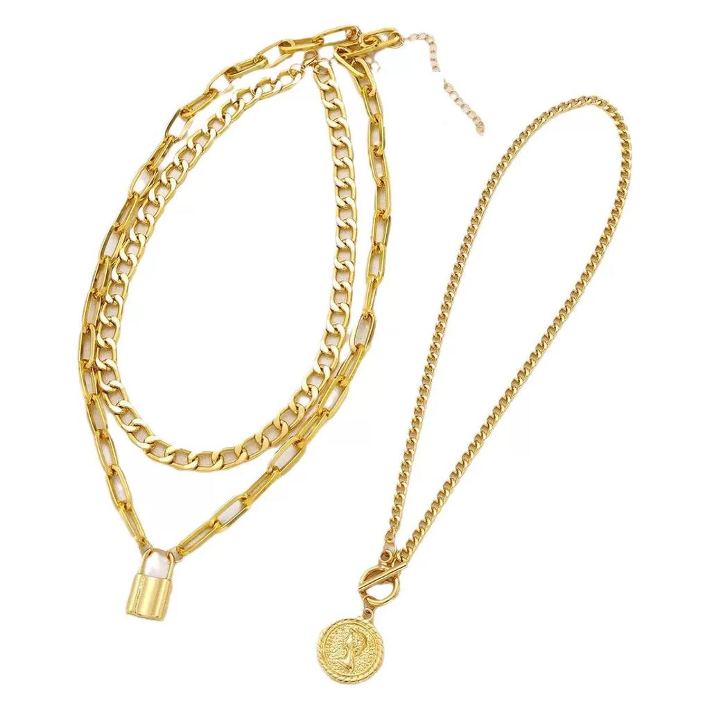 Elegant Three Layer Necklace Set Women Gold Color Relief Pendant Fashion Jewelry