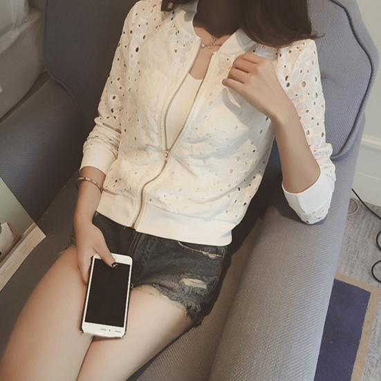 Cienka koronkowa kurtka damska ze stójką, zapinana na zamek, prześwitująca kurtka baseballowa