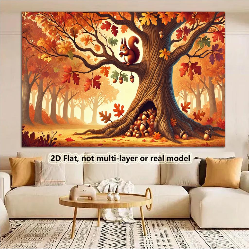 2D Plane, 1 Autumn Party Banner Background, Autumn Squirrels and Oak Trees, Pumpkins, Hay Bales, Maple Leaveszyc