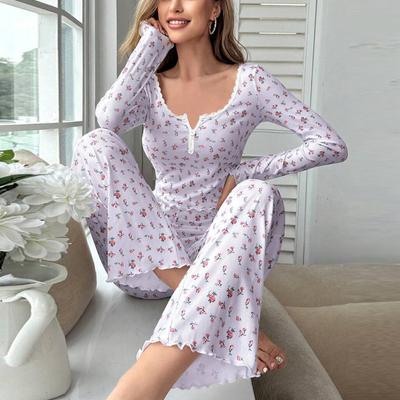 2025 frühling Herbst Nachtwäsche-sets Frauen sexy Spitze V-ausschnitt Pyjama Set Floral print Langen Ärmeln Pullover & Hose Loungewear Outfit
