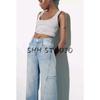 Spring and Summer Women's Clothing Minimalist Washing Effect Overalls Mid Waist Wide Leg Straight-leg Length Denim 3991028