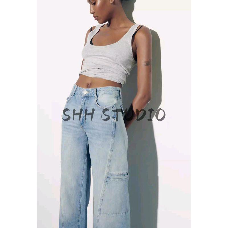 Spring and Summer Women's Clothing Minimalist Washing Effect Overalls Mid Waist Wide Leg Straight-leg Length Denim 3991028