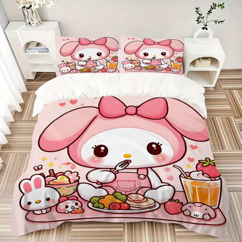 3pcs My Melody's Sweet Breakfast Adventure Bedding Set - 1 Soft Quilt Cover + 2 Pillowcases, Machine Washable - Suitable for All Seasons, Pe