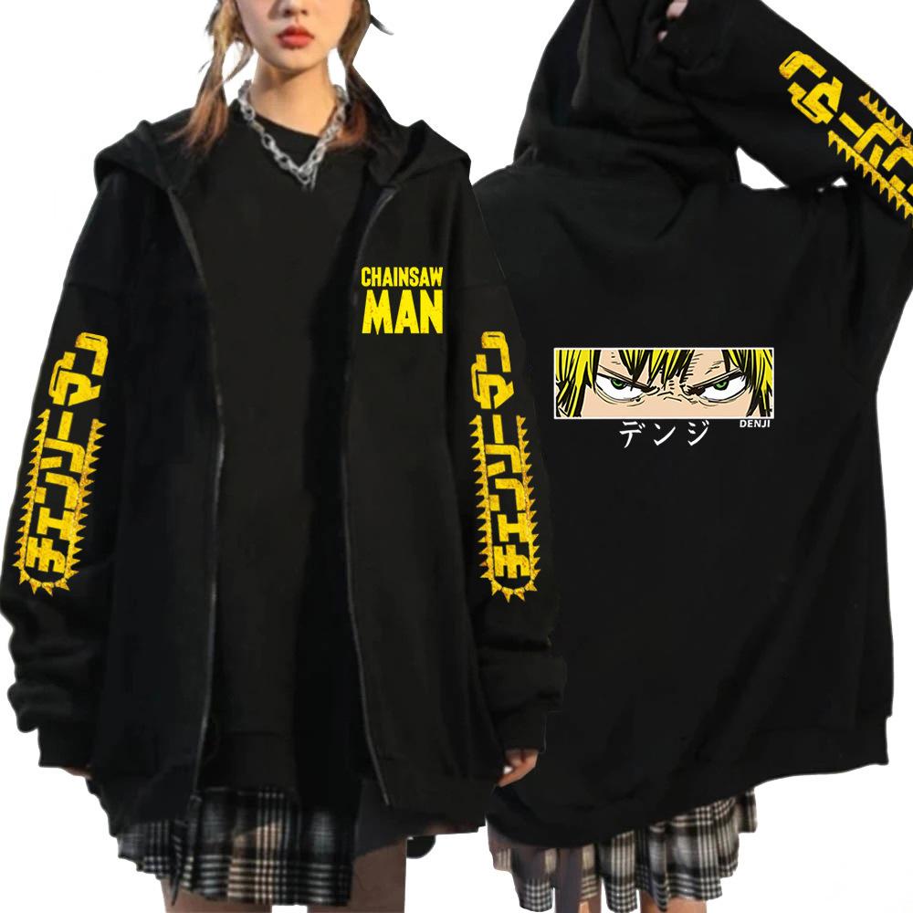 Felpa con cappuccio e zip stampata Chainsaw Man Anime Donna Casual Larga Retro Harajuku Autunno Inverno Manica Lunga Giacca in Pile Felpe