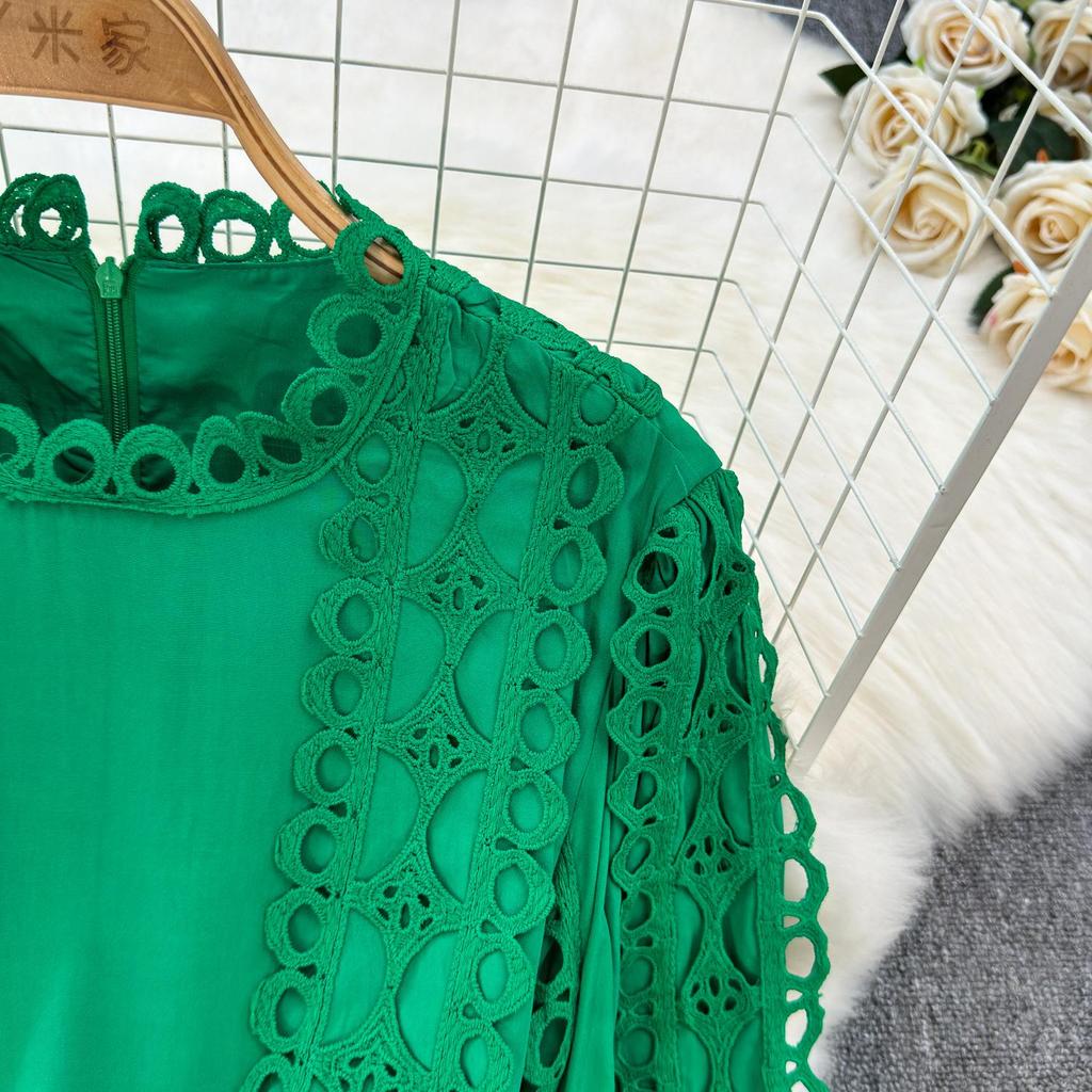 Elegant Crochet Lace Dresses for Women Hollow Out O Neck Lantern Sleeve A Line Belted Vestidos Court Style Dress Dropship