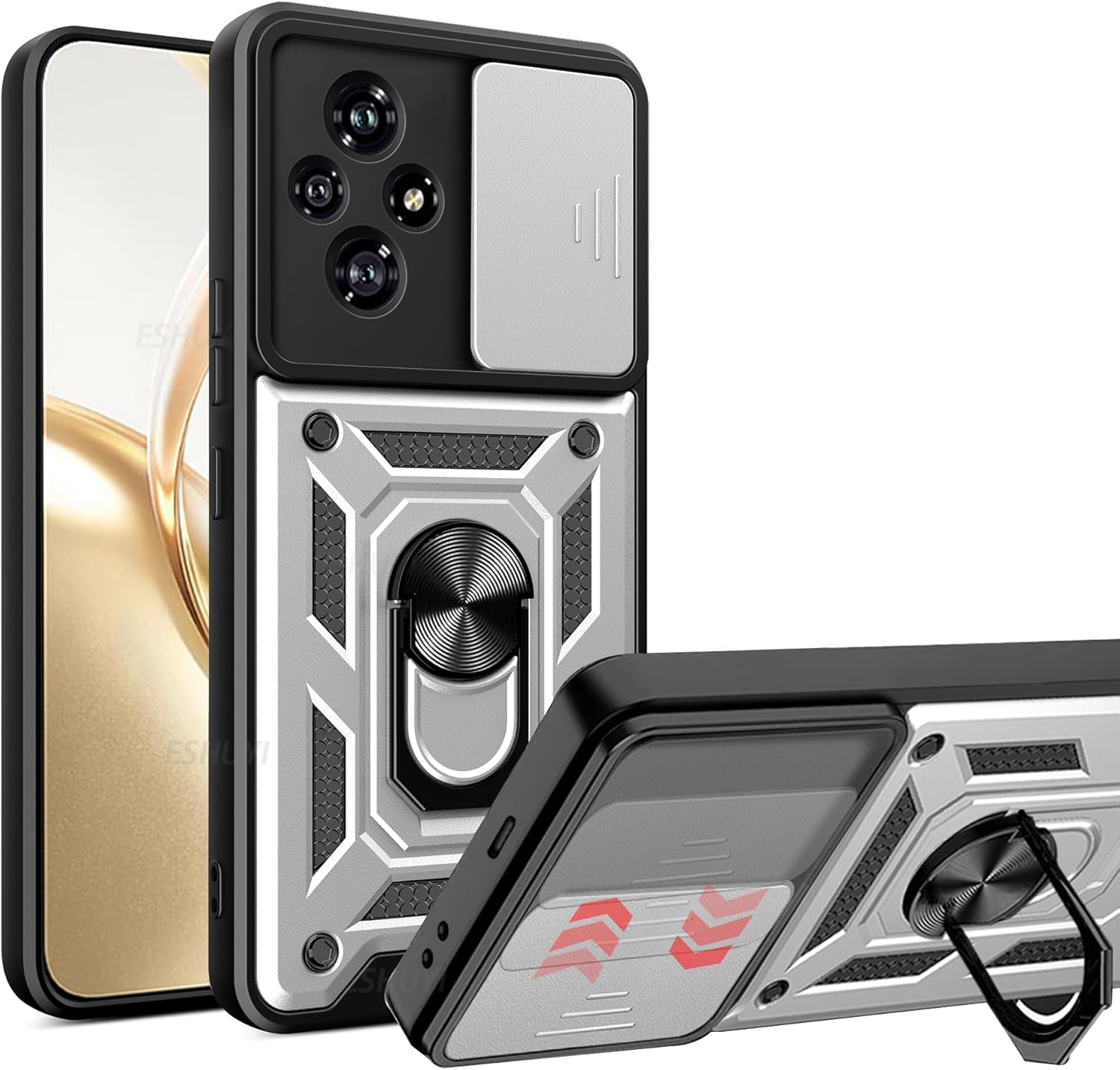 

Чехол Armor Case для Honor 200 Lite Чехол для Honor 200 Pro с защитой объектива с кольцом и магнитным держателем Business Full Protection Cover For Honor 200 Pro серебряный