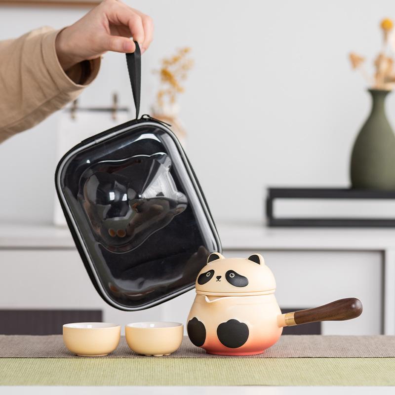 Light Luxury Panda Portable Travel Tea Set, Side Handle, One Pot, Two Cups, Express Cup, High-end Business Gift.