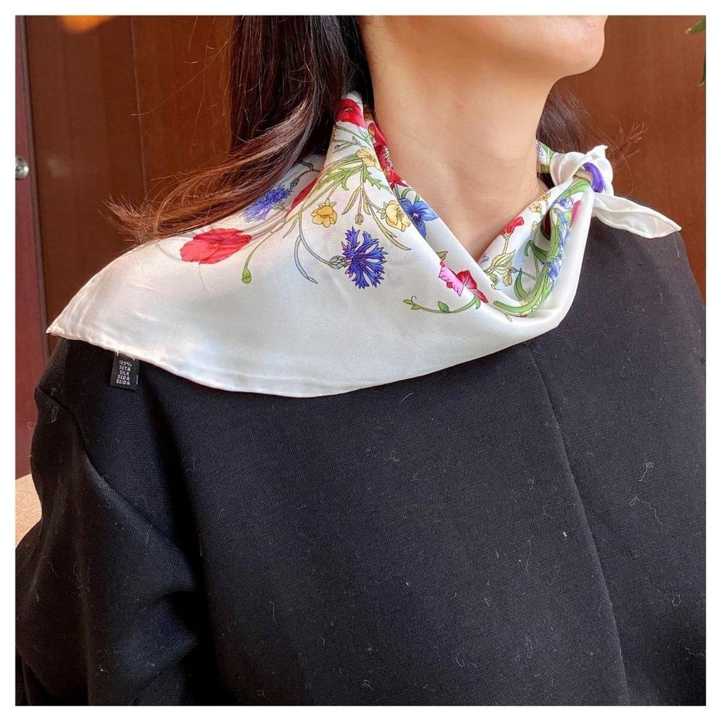 Massimo Ravinale Silk 50x50cm Made In Fiore Bianco Women's 100% Scarf, Oval, Square, Italy,