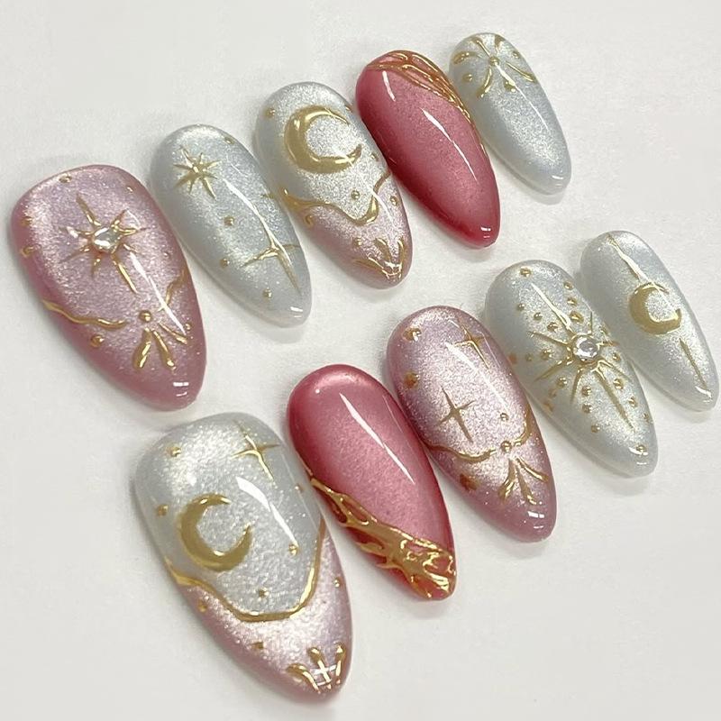 24Pcs Short Oval Pink Press On Nails With Golden Flowers Retro Gradient Summer Cute Full Cover Almond False Nail Tips