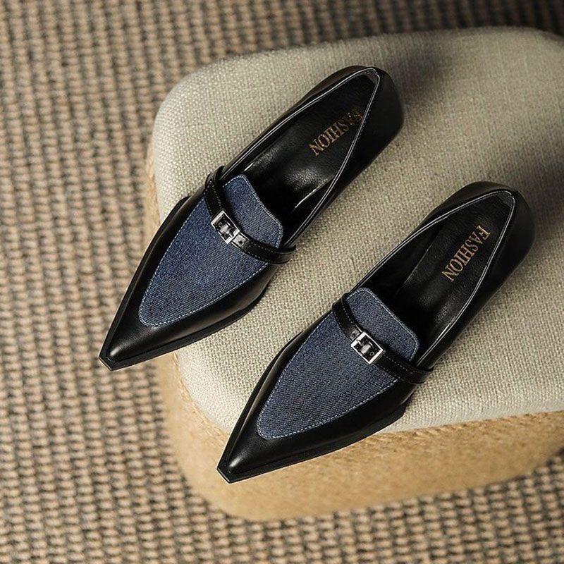 

Spring French pointed single women s thick strap heels mid-heel leather buckle small leather shoes denim color matching British style versatile 39