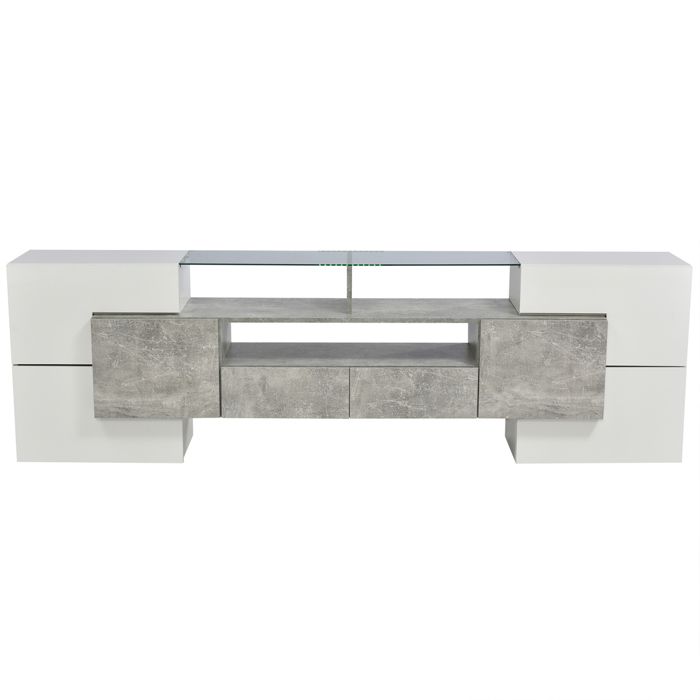 Modern TV Stand, Lacquered White and Grey, with LED Lighting, 6 Doors, 2 Drawers, Living Room Furniture, 200 X 35 X 60 Cm